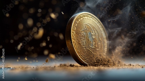 Dramatic close-up of a Bitcoin spinning on its edge on a dark surface, with particles of dust highlighted in the backlight.