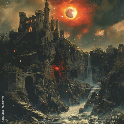 Un paysage fantaisiste avec une lune de feu, un chateau en hauteur et une source d'eau qui en découle.