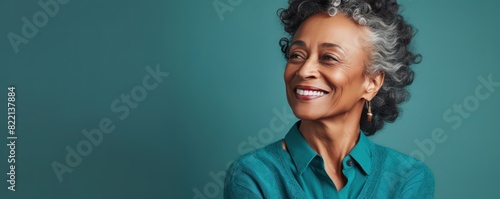 Turquoise Background Happy black american independant powerful Woman realistic person portrait of older mid aged person beautiful Smiling girl Isolated on Background ethnic 