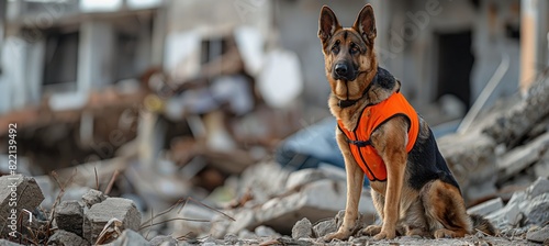 a german shepherd dog in a rubble