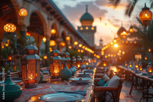 Islamic background with lanterns, created with Generative AI technology