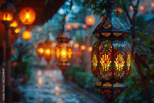 Islamic background with lanterns, created with Generative AI technology