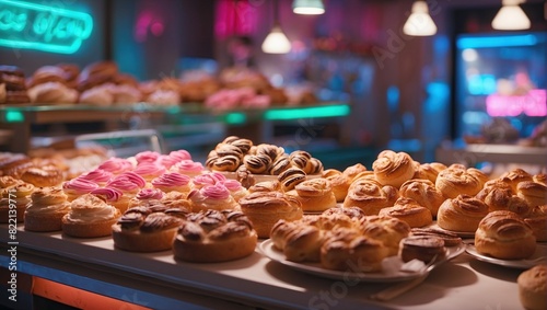 There are several plates of pastries on a table. The pastries are mostly cakes and croissants. The cakes are decorated with frosting and fruit.