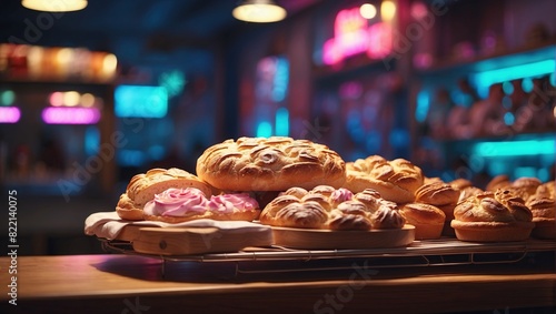 There are several plates of pastries on a table. The pastries are mostly cakes and croissants. The cakes are decorated with frosting and fruit.