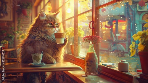 Cute cat drinking coffee in a cafe