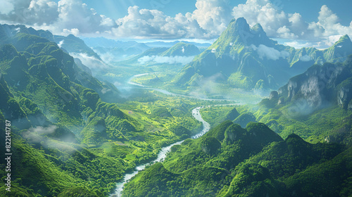 Majestic summer landscape showcasing towering mountains rising above verdant forests, with a winding river snaking 