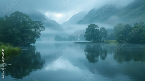 Paysage de montagne avec un lac sous la brume.