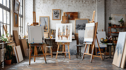 Stylish artists studio interior with easels and canvas