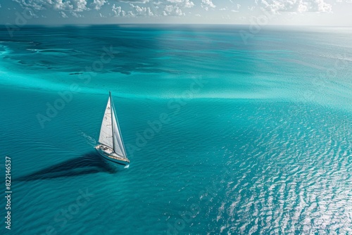 A lone sailboat with billowing white sails, casting a long shadow as it traverses a vast turquoise sea
