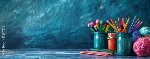 Colorful school supplies arranged on a desk with a chalkboard background, symbolizing the back to school season