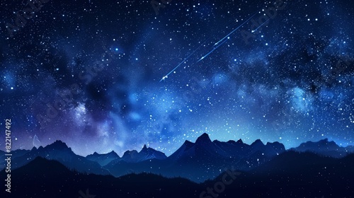 A meteor shower streaking across a starry night sky above a silhouetted mountain range