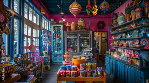 Eclectic vintage shop interior with colorful decorations and merchandise