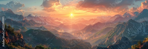 The sunrise over the mountains, a breathtaking panorama of majestic peaks against a backdrop of golden sunlight. 