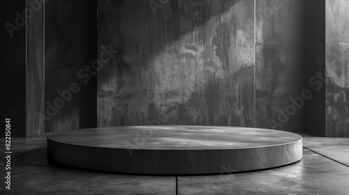 A sleek podium design with a circular platform and a matte finish, set against a monochromatic background. The minimalist design focuses on clean lines and subtle shadows to enhance the presentation