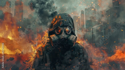 A picture of a person wearing a mask wearing a black suit to protect against gas. Poison from the explosion behind The end of the world shown