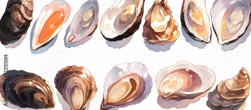 Open fresh shell raw molluscs delicious seafood shellfish collection, sea oysters fresh, isolated on white clean background.Fresh and Delicious Seafood Collection - Mouthwatering Oysters, Exquisite Sh