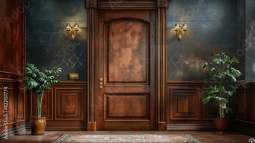 Picture a traditional wooden office door with decorative molding and a brass handle