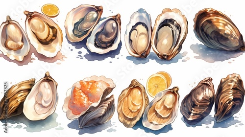 Open fresh shell raw molluscs delicious seafood shellfish collection, sea oysters fresh, isolated on white clean background.Fresh and Delicious Seafood Collection - Mouthwatering Oysters, Exquisite Sh