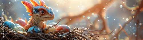 Cute baby dragon in a nest with colorful eggs, bathed in warm sunlight
