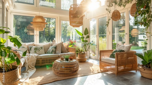 A sunlit conservatory with floor-to-ceiling windows, rattan furniture and hanging plants offering a serene space for relaxation
