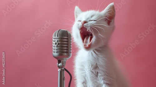 White kitten singing into a microphone, pink background