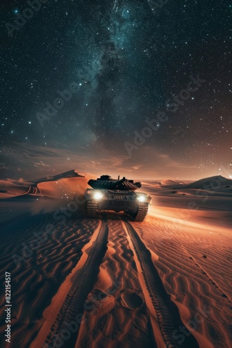 An Military tank M1 Abrams navigating its way through treacherous sand dunes under a starry desert night sky Its headlights cut through the darkness