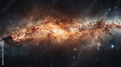 A panoramic view capturing the majestic spiral arms of a galaxy as they stretch out from the glowing core, each star a point of light in the vast canvas of the universe.
