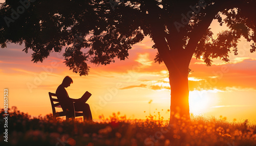 a of a person sitting on a park bench, deeply engrossed in a book, their silhouette framed against the backdrop of a vibrant sunset, Silhouette, reading, person, wit