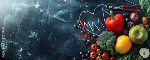 Fresh vegetables and fruits arranged in a heart shape on a blackboard with a chalk-drawn cardiograph line. Ideal for promoting heart-healthy diets and nutritious eating habits
