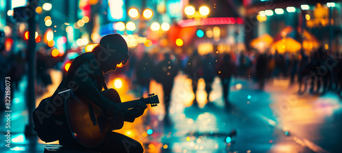 a of a street musician playing the guitar on a bustling city sidewalk, their silhouette outlined against the vibrant backdrop of city lights and busy pedestrians, Si