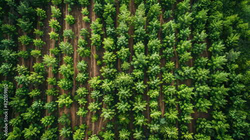 Above-ground perspective of a reforestation area, displaying organized rows of saplings, embodying the essence of sustainability and ecosystem regeneration from a bird's eye view.