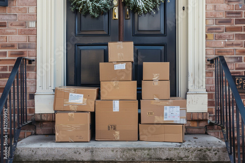 Shipping boxes stacked by front door with Christmas holiday wreaths, Holiday season online orders concept, Generative AI