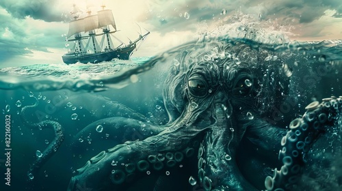 A gigantic octopus lurks beneath the waves, its massive tentacles reaching out to ensnare an unsuspecting ship.