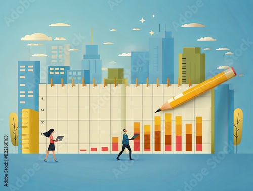 Illustration of business professionals analyzing data with bar charts and a cityscape background, representing data-driven decision making.