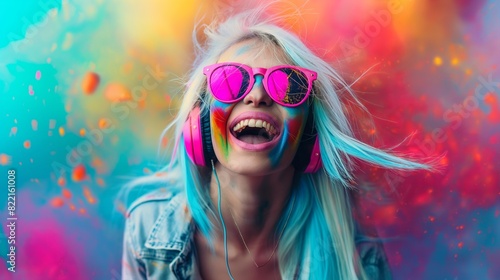 Super beautiful hippie woman with white long hair. She is laughting and Wearing pink sunglasses and headphones. Explosion of colours in background