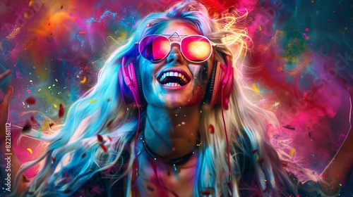 Super beautiful hippie woman with white long hair. She is laughting and Wearing pink sunglases and headphones. Explosion of colours in background