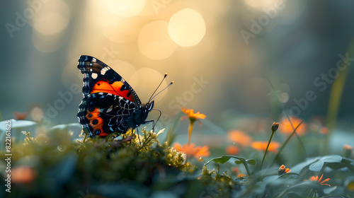 A red admiral butterfly, with a misty forest clearing as the background, during a foggy morning