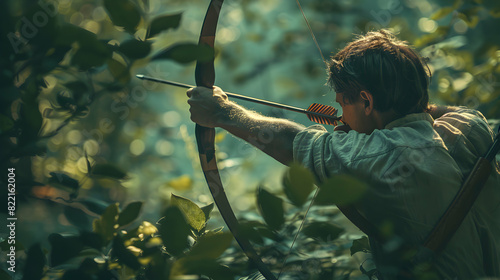 Immersive Photo Realistic Archery Concept: Man Perfecting Precision in Forest Setting, Showcasing Ancient and Exciting Hobby