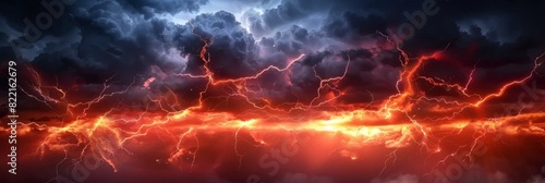 A red lightning bolt with orange and black background, sky full of dark clouds, dark red orange thunderstorm, red orange lightning effect. electric texture, banner