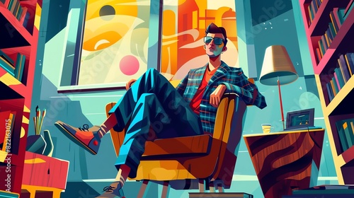 Vibrant artwork featuring a stylish man sitting in a modern, colorful room filled with books, art, and furniture.