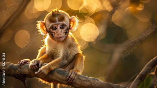 A baby monkey is sitting on a branch during the sunset.