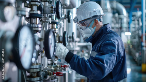 Chemical plant operator in protective clothing, checking equipment and monitoring gauges, highlighting the importance of safety and precision in industrial processes.