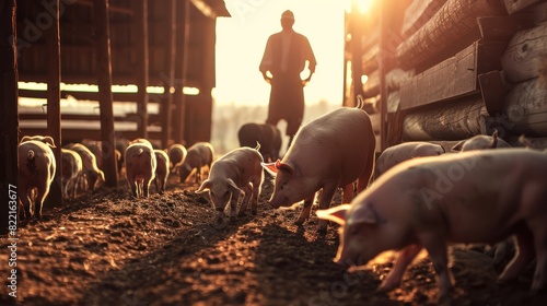 Agriculture, a pig building with piglets and farmers in farming