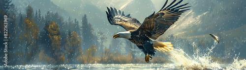 Bald eagle catching fish: Precision and hunting prowess of a bird of prey captured in a photo realistic concept at a lake
