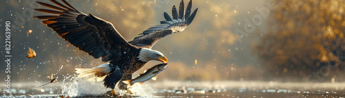 Bald eagle catching fish: illustrating precision and hunting prowess as a bird of prey in a photo realistic lake scene