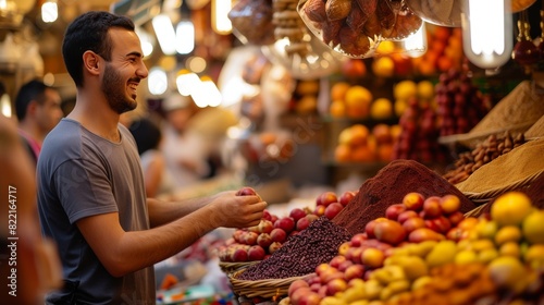 A cheerful young man selects fruit at a bustling market stall, surrounded by colorful fresh produce and hanging lanterns.