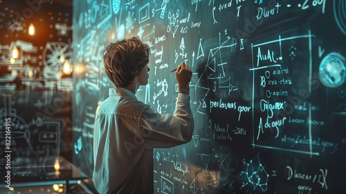Mathematicians write complex equations on blackboards.