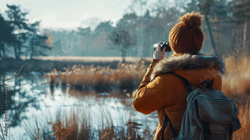 Birdwatching with Binoculars: A Man in Nature Reserve, Patience, Attention to Detail Photo Realistic Concept