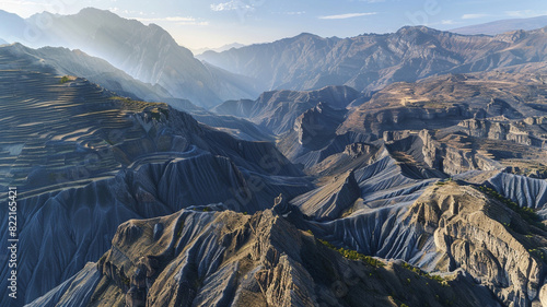 a panoramic view of fault-block mountains with layers of steep slopes and terraces