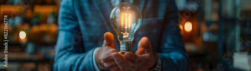 Photo realistic concept of CEO holding light bulb in boardroom, symbolizing strategic implementation of new ideas for company growth